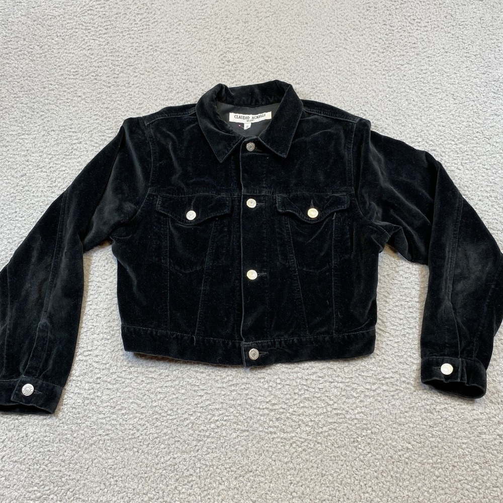 Claudio Agnelli Cropped Jacket Womens Small Black Velvet Button Up Made USA 90s‎